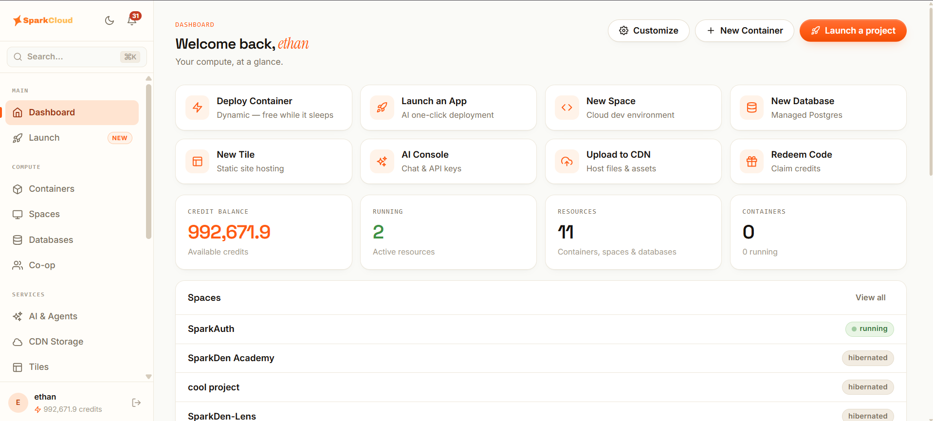 The SparkCloud console: quick actions for containers, spaces, databases and tiles, with credits and running resources at a glance