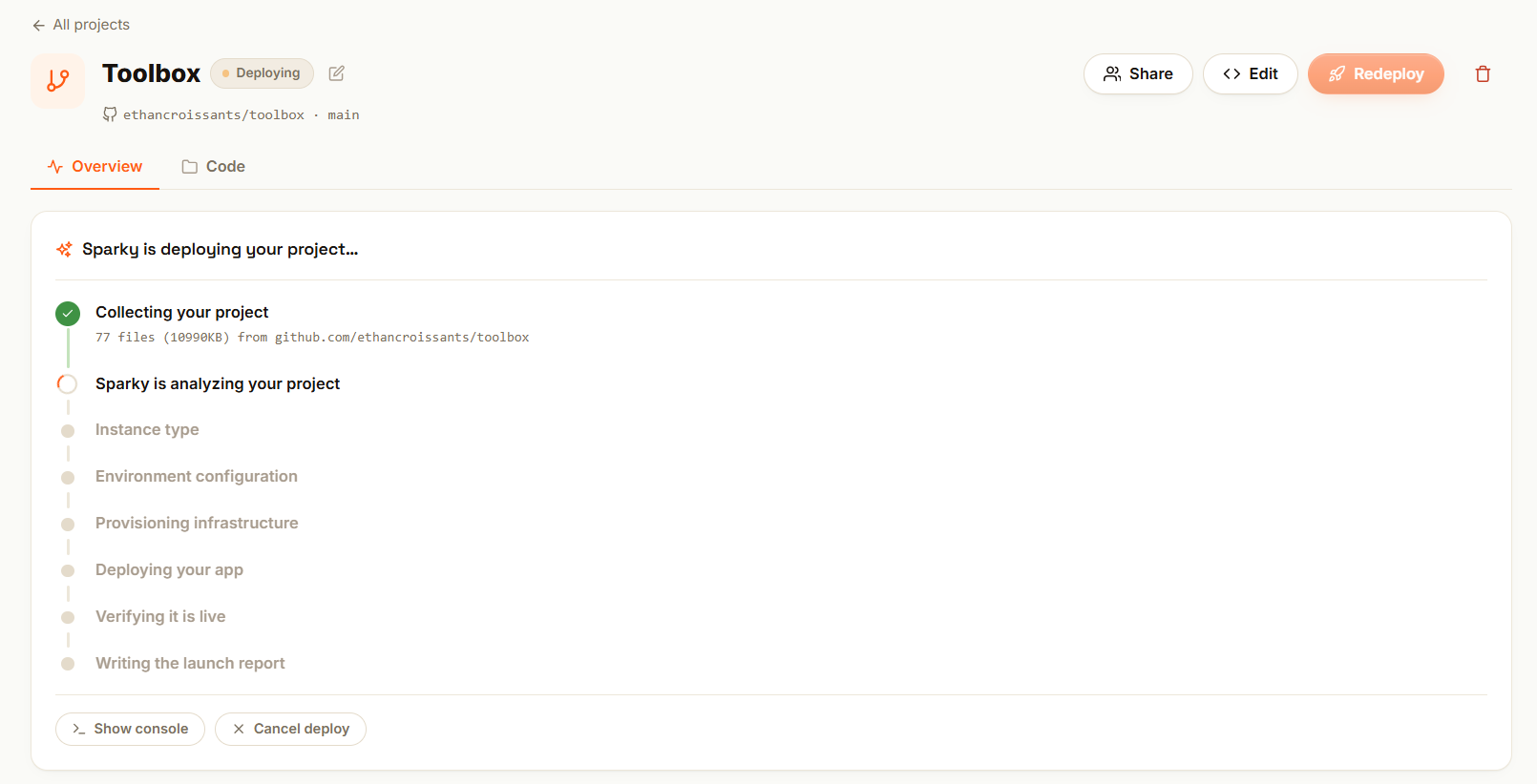 Sparky deploying a project: collecting files, analyzing, provisioning infrastructure, step by step