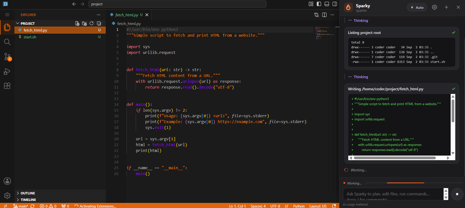 A Space: VS Code in the browser with Sparky writing a Python script in the side panel
