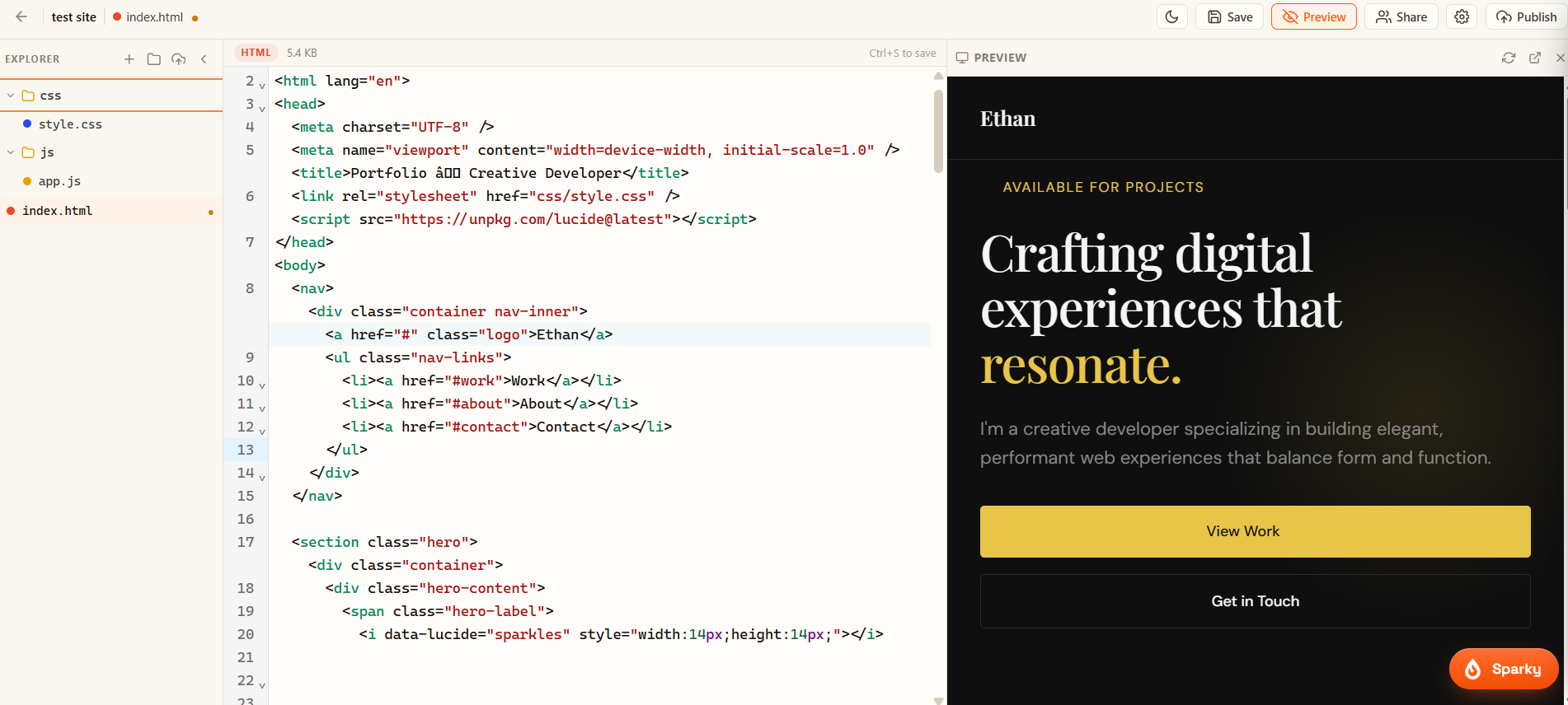 Tiles: editing index.html with a live preview of the finished site running beside the code
