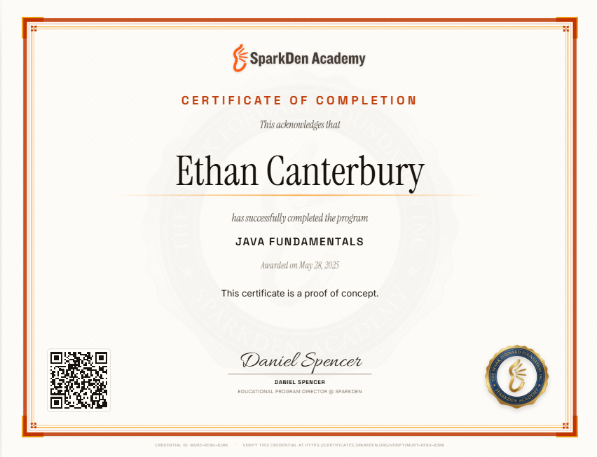 A Sparkden Academy certificate of completion for Java Fundamentals, signed, with a QR code and verifiable credential ID