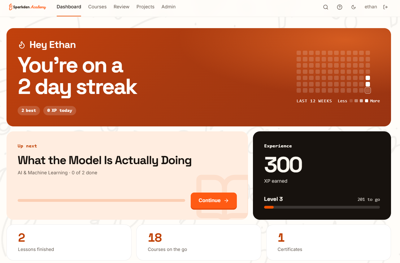 The Academy dashboard: a 2-day streak, a 12-week activity heatmap, 300 XP at level 3, and the next lesson queued up