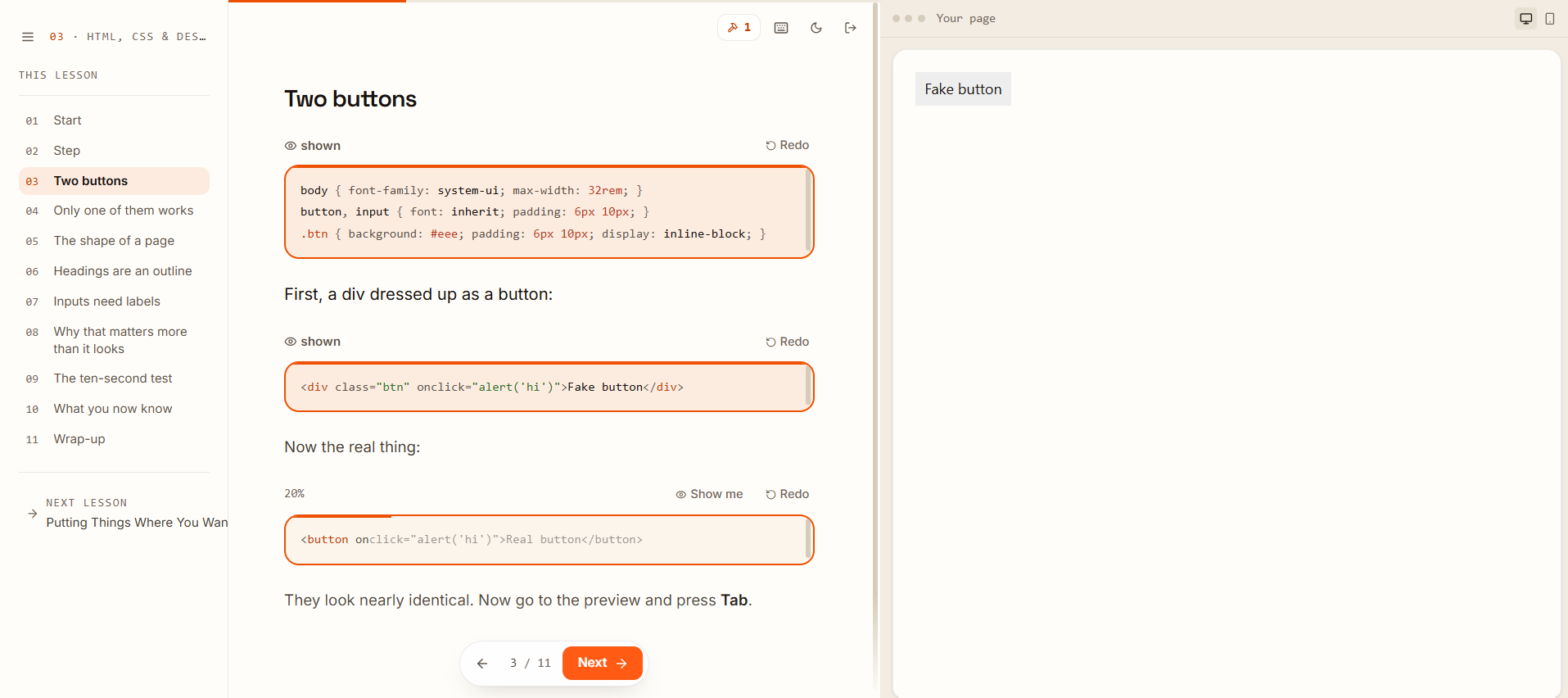 A lesson step called Two buttons: code typed 20% of the way over ghost text, with the page being built running in a live preview