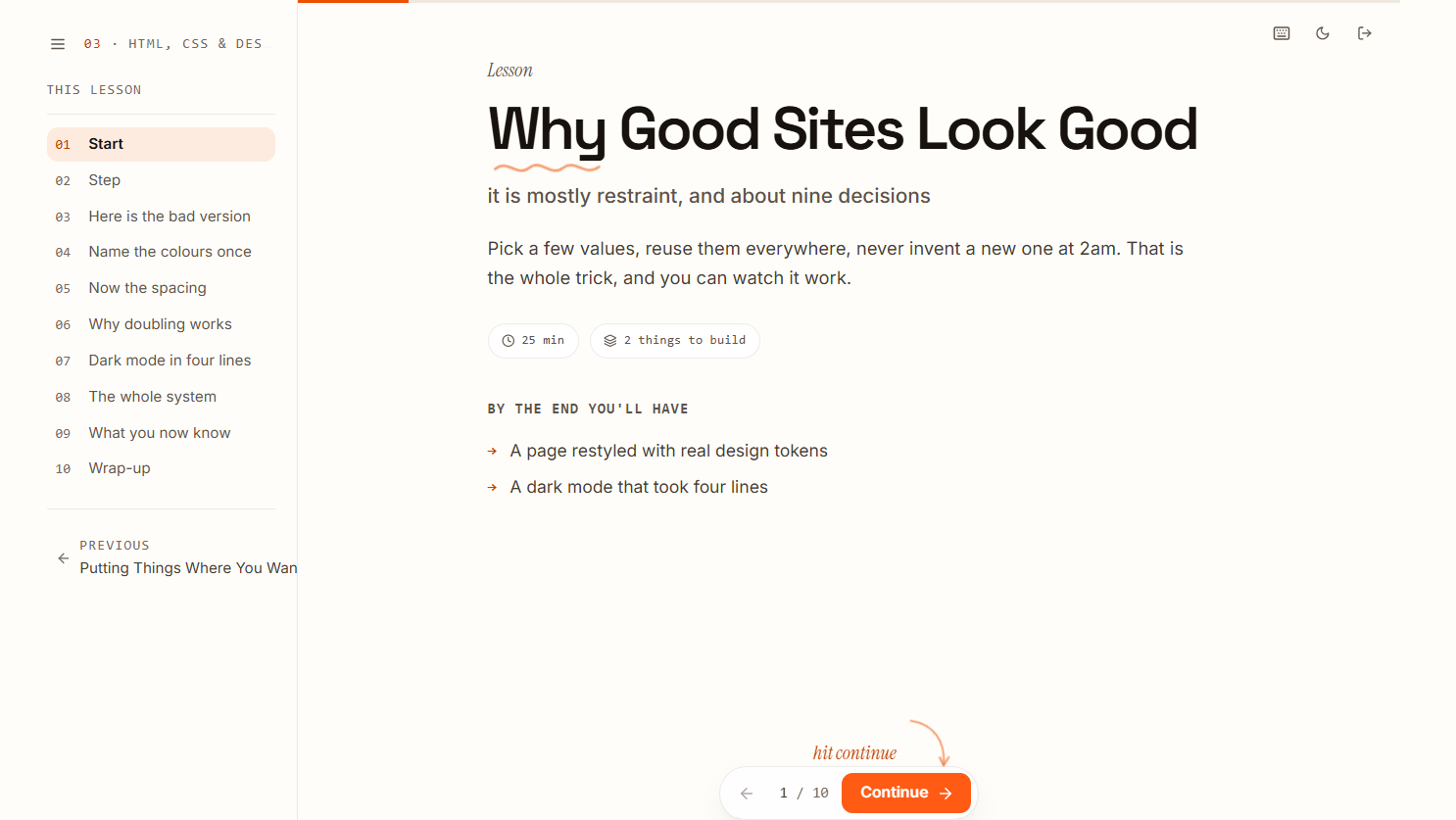A lesson opener, Why Good Sites Look Good, listing what you'll have built by the end